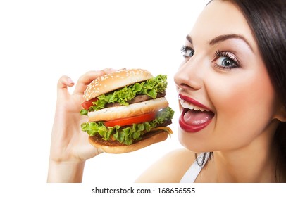 Funny Girl Eating Hamburger On White Background 