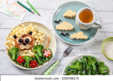 Funny Girl Food Face with Cutlet, Pasta and Vegetables for kids lunch