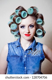 Funny Girl With Hair Curlers On Her Head