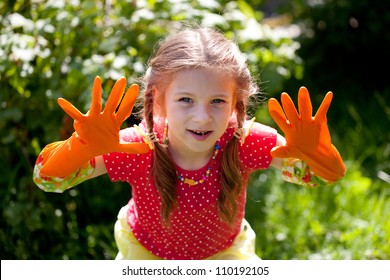 Funny Girl In The Orange Garden Gloves