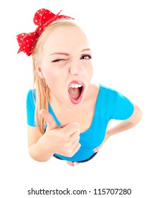 Funny Girl With Thumb Up Isolated On White, Fish Eye Lens Shot