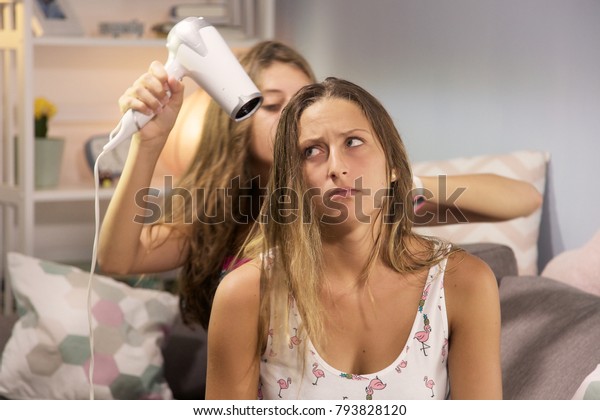 Funny Girls Drying Hair Home Stock Photo Edit Now 793828120