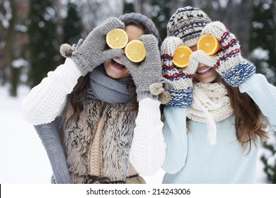 Funny Girls With Natural Vitamins In Winter 