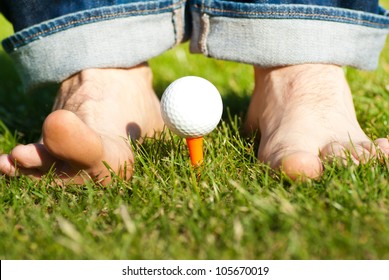 Funny Golf Game With Barefoot Man