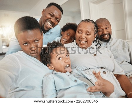Funny, goofy and selfie of black family make joke with faces in a home or house while on vacation or holiday. Social media, mother and father with children and grandparents happy bonding with humor