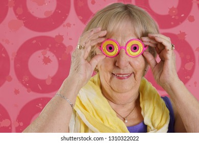 Funny Granny With Pink Plastic Glasses Zine Style