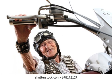 Funny Granny Ridding A Bike - Chopper Motorcycle Old Rider Crazy Face Keep Calm And Carry On - Easy Living Gangster Style - Old Lady With A Cuban Cigar - Street Motorbike Gang 
