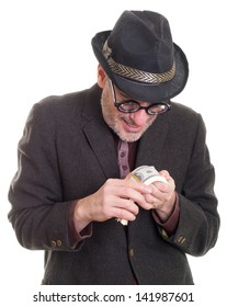 Funny Greedy Man Counting His Money