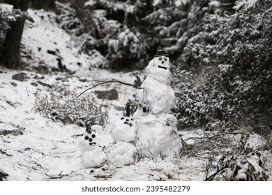 Funny group of snowmen in the wood, Glendora Ridge and MT Blady in California
