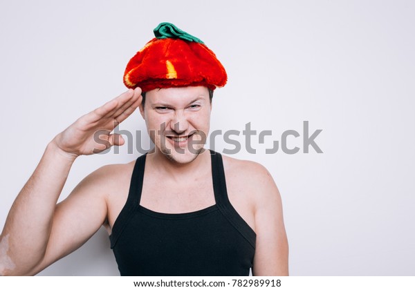 Funny Guy Headdress Emotional Portrait Fooling Stock Photo Edit