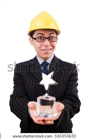 Funny guy with prize and hardhat