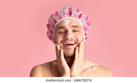 Funny Guy In Shower Cap Washing His Face, Free Space