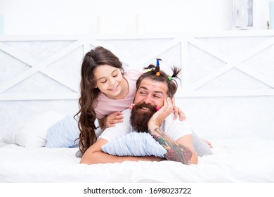 Funny Hairstyle. Compressed Into Boundaries Of Home. Happy Childhood. Family Leisure. Pajamas Party. Hairdresser Or Stylist. Relaxing In Bedroom. Girl And Dad. Quarantine With Children. Happy Family.