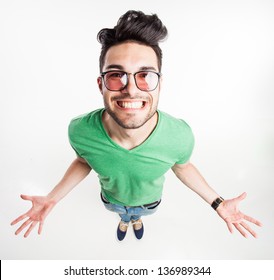 Funny Handsome Man With Hipster Glasses Showing His Palms And Smiling Large  - Wide Angle Shot