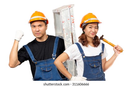 Funny Happy Asian Couple Repairing Tools Stock Photo 311606666 ...