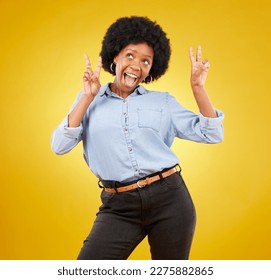 Funny, happy and black woman with peace sign, smile and girl against a studio background. African American female, lady and gesture for chill, goofy and silly with joy, cheerful and positive mindset
