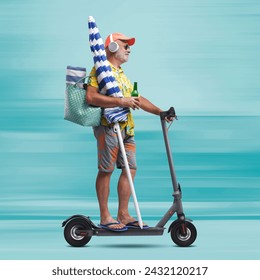 Funny happy senior tourist going to the beach, he is holding a beach umbrella and riding a fast electric scooter - Powered by Shutterstock