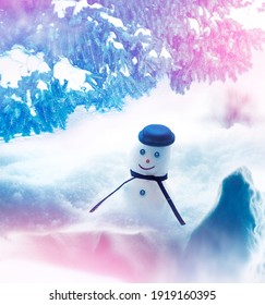 Funny Happy Snowman. Winter Landscape. Merry Christmas And Happy New Year Greeting Card