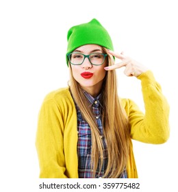 Funny Hipster Girl Going Crazy Isolated On White