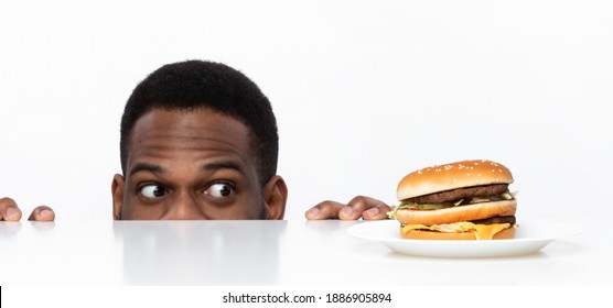 Funny Hungry African Guy Looking At Tasty Burger On Desk Having Food Craving Posing In Studio On White Background. Overeating Habit, Dieting And Nutrition, Cheat Meal Concept. Panorama