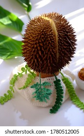 Funny Idea Concept For Gift In Mother Day Or Woman Day With Amazing Food Flower Pot From A Durian Fruit With Green Leaf In Morning Sunlight On White Background