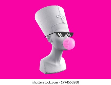 Funny illustration from 3d rendering ofhead sculpture Nefertiti in pixel glasses, blowing a pink chewing gum bubble. Isolated on pink background.