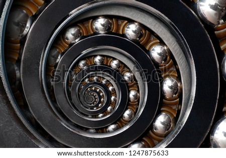 Funny incredible unrealistic surreal design industrial Ball Bearing spiral abstract pattern background. Surreal industrial technology. Spiral ball bearing. Machinery parts