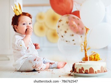 Funny Infant Baby Boy Tasting His 1st Birthday Cake