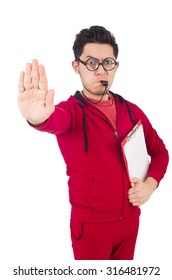 Funny Instructor With Whistle And Diary Isolated On White