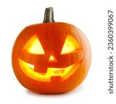 Funny Jack O Lantern halloween pumpkin with candle light inside isolated on white background