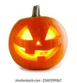 Funny Jack O Lantern halloween pumpkin with candle light inside isolated on white background - Shutterstock ID 2360399067