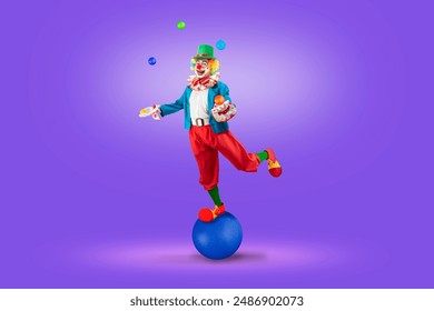 Funny juggler clown juggling balls in the circus, man entertainer as Joker in a suit and wig, with clown whiteface makeup. Trickster, jester, pantomime, mime, and a professional actor at events