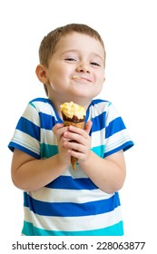 Funny Kid Boy Eating Ice Cream Isolated On White