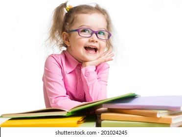 Funny Kid Girl In Glasses Reading Books