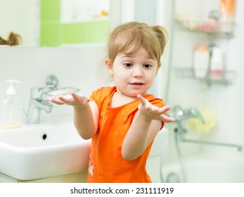 Funny Kid Girl Washing Hands Bathroom Stock Photo 231111919 