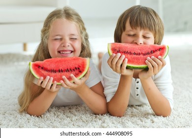 Funny Kids Eating Watermelon. Child, Healthy Eating