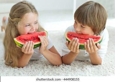 Funny Kids Eating Watermelon. Child, Healthy Eating