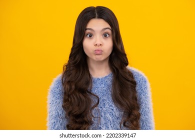 Funny Kids Face. Adorable Little Girl Surprised And Shocked, Showing True Astonished Reaction On Unexpected News. Funny Teenager Child Girl Face.