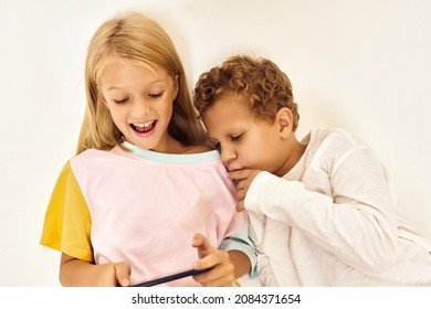 Funny Kids With A Phone In Their Hands Games Communication Technology