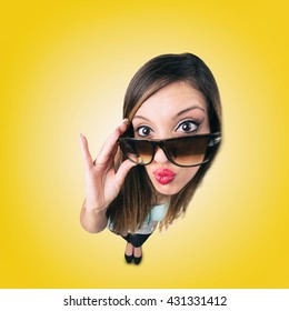 Funny Kissing Girl With Sunglasses Looks Like Caricature Of Herself, Fish Eye Lens Shot

