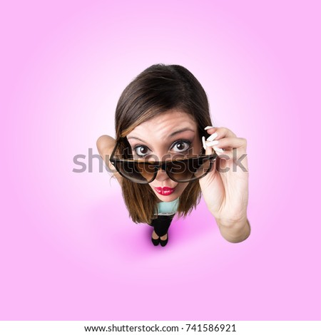 Funny Kissing Girl with Sunglasses looks like caricature of herself, fish eye lens shot