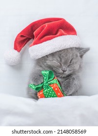 Funny Kitten Wearing Red Santa's Hat Sleeps Under Blanket With Gift Box. Top Down View