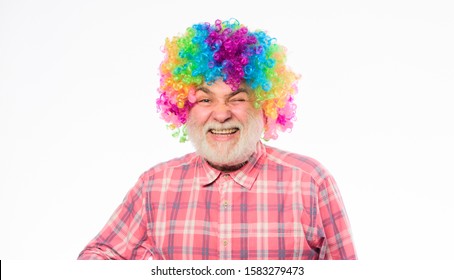 Funny Lifestyle. Fun And Entertainment. Comic Happy Grandfather Concept. Circus Show. Elderly Clown. Man Senior Bearded Cheerful Person Wear Colorful Rainbow Wig. Grandpa Always Fun. Having Fun.