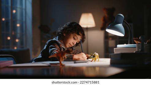 Funny little asian kid drawing at home  Boy and curly hair using his imagination  creating art in evening at home  dreaming becoming artist    childhood dream  hobby concept 