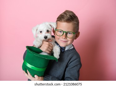 Funny little boy with green hat with little white dog on St. Patrick's Day celebration party. Kid in green glasses embrace animal pet. Happy funny school boy