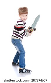 Funny little boy with a toy sword in hand-Isolated on white background