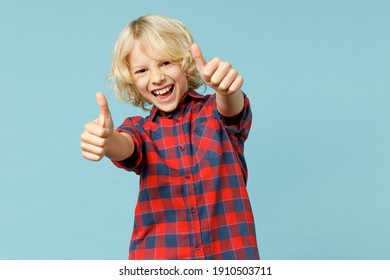 Funny Little Curly Kid Boy 10s Years Old In Basic Red Checkered Shirt Showing Thumbs Up Like Gesture Looking Camera Isolated On Blue Background Children Studio Portrait. Childhood Lifestyle Concept