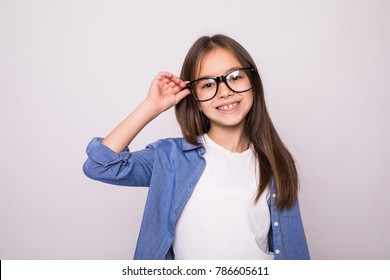 Funny Little Girl With Glasses On White Background