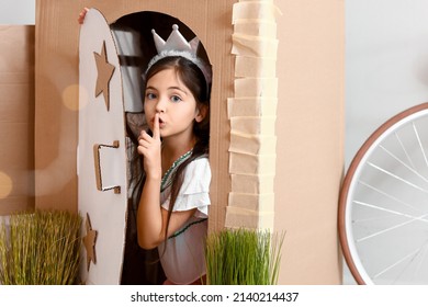 Funny Little Girl Playing Cardboard House Stock Photo 2140214437