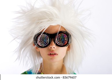 A Funny Looking Kid With Crazy White Hair And Wild Hypnotic Glasses.